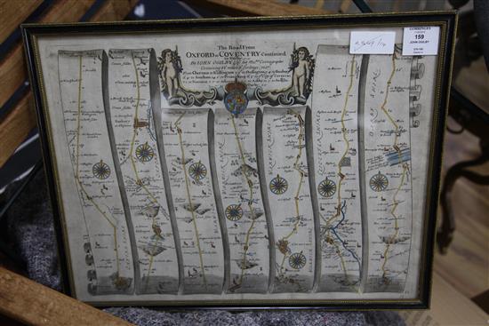 John Ogilby - A coloured engrave map - The Road from Oxford to Coventry Continued to Darby, 36 x 47cm